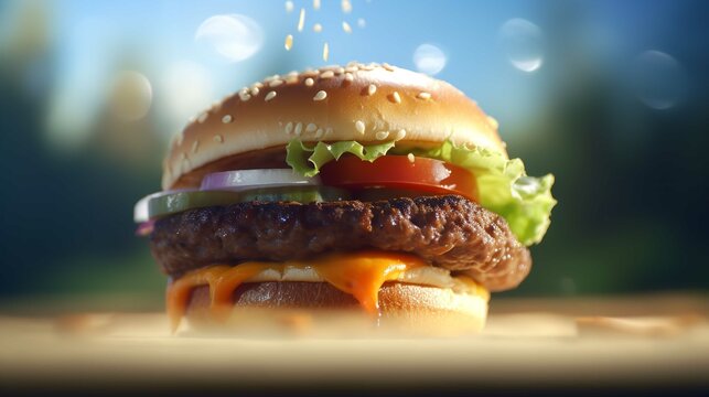hamburger on a table HD 8K wallpaper Stock Photographic Image