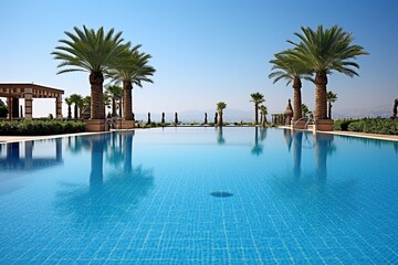 Fototapeta na wymiar Beautiful Resort Swimming Pool with Crystal Blue Water, Palm Trees, and Umbrellas