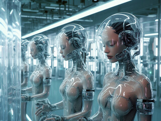 android woman in biorobot factory, Generative AI