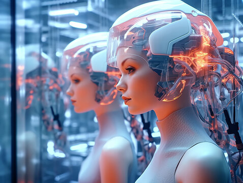android woman in biorobot factory, Generative AI