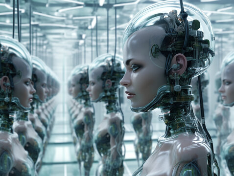 android woman in biorobot factory, Generative AI