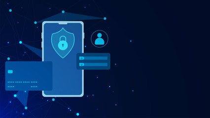 Virtual bank security concept. Phone and bank card for mobile payments and personal data protection background.