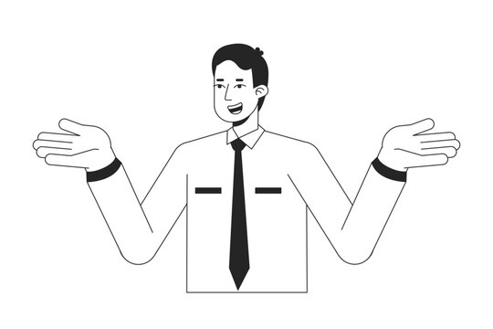 recommend clip art: Office man shrugging shoulders in confusion flat line black white vector character. Editable outline half body person on white. Simple cartoon isolated spot illustration for web graphic design