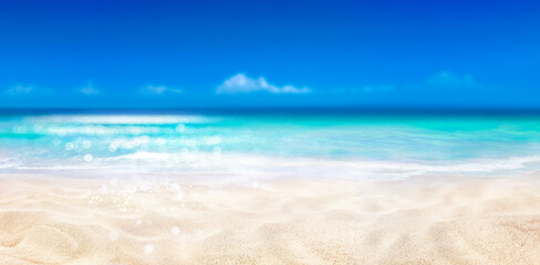 Fototapeta na wymiar Tropical Sand With Blue Sea - Beach Summer Defocused Background With Glittering Of Sunights