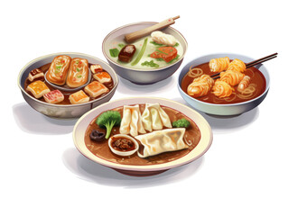 illustration of 4 dishes of traditional Asian origin without background Png