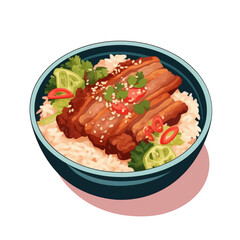 traditional asian food, meat with rice in bowl with vegetables in png format