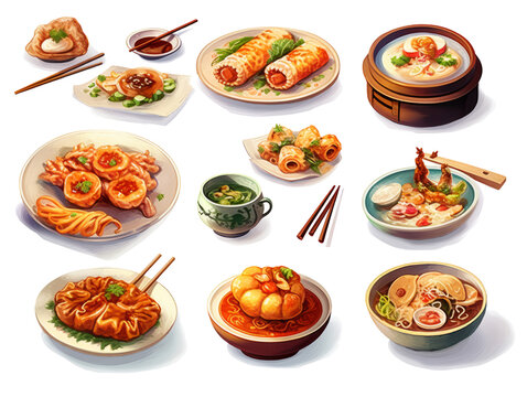 Illustration of food of Asian origin in png, no background, separate elements as symbols, traditional asian food