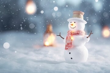 Smiling snowman in park background
