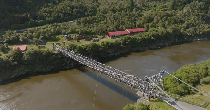 Aerial: Bridge over the Grey River, Brunner Mine, Greymouth, New Zealand