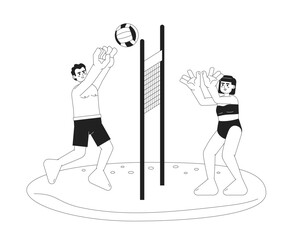 Beach volleyball monochrome vector spot illustration. Man and woman in swimsuit playing with ball over net 2D flat bw cartoon characters for web UI design. Isolated editable hand drawn hero image