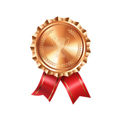 Realistic bronze award medal with red ribbons and engraved winner cup. Premium badge for winners and achievements.
