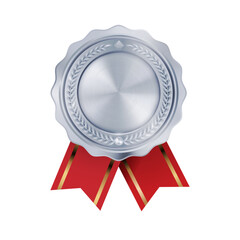 Shiny realistic empty silver award medal with red ribbon rosettes on white background. Symbol of winners and achievements.