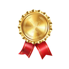 Realistic gold award medal with red ribbons and engraved winner cup. Premium badge for winners and achievements.
