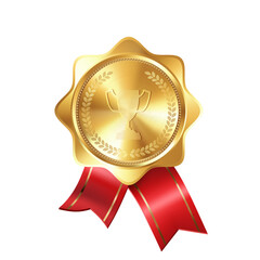 Realistic gold award medal with red ribbons and engraved winner's cup. Premium badge for winners and achievements.