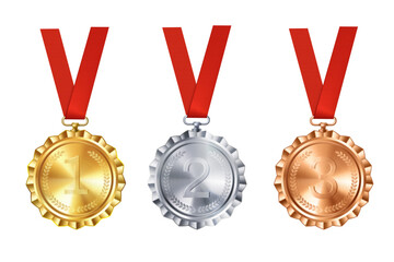 Realistic set of golden, silver, and bronze medals on red ribbons. Sports competition awards for 1st, 2nd, and 3rd place. Championship rewards for achievements and victories.