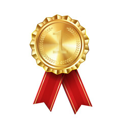 Realistic gold award medal with red ribbons engraved number one. Premium badge for winners and achievements
