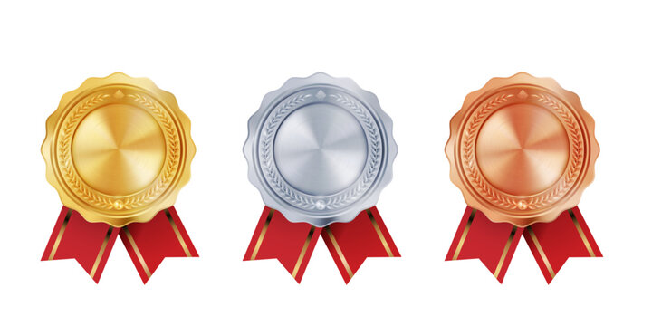 Shiny gold, silver, and bronze award medals with red ribbon rosettes. Vector collection on white background. symbol of winners and achievements.