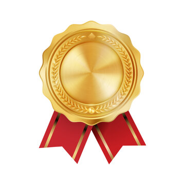 Shiny realistic empty gold award medal with red ribbon rosettes on white background. Symbol of winners and achievements.