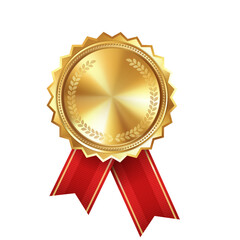 Shiny realistic empty gold award medal with red ribbon rosettes on white background. Symbol of winners and achievements.