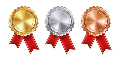 Shiny gold, silver, and bronze award medals with red ribbon rosettes. Vector collection on white background. symbol of winners and achievements