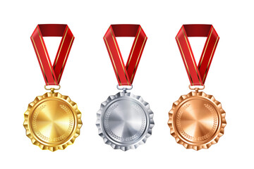 Set of realistic gold, silver, and bronze empty medals on red ribbons. Sports competition awards for 1st, 2nd, and 3rd place. Championship rewards for victories and achievements