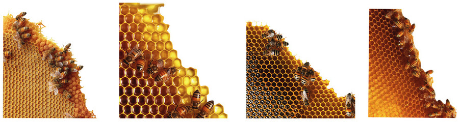 honeycombs with honeybees to use in corners ,on a transparent background, Generative AI