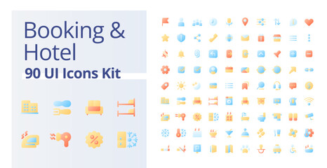 Booking and hotel pixel perfect flat gradient color ui icons kit. Accommodation for tourists. Rent room. Vector isolated RGB pictograms. GUI, UX design for web, mobile. Poppins font used