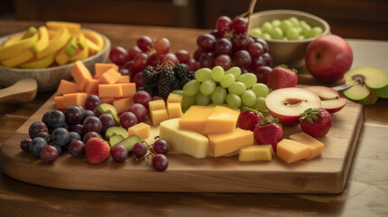 A wooden cutting board with a variety of colorful and freshly sliced fruits