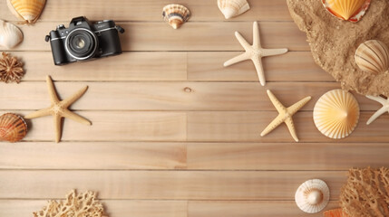 Flatly Top view Beach accessories starfish and seashell on wooden background