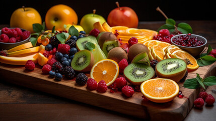 Fototapeta na wymiar A wooden cutting board with a variety of colorful and freshly sliced fruits