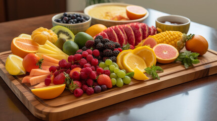 Fototapeta na wymiar A wooden cutting board with a variety of colorful and freshly sliced fruits