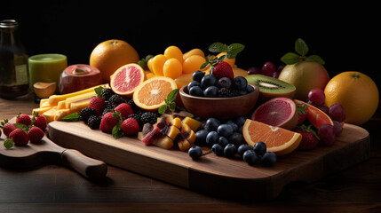 A wooden cutting board with a variety of colorful and freshly sliced fruits