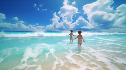 Fototapeta na wymiar Kids playing with sand in beach scene waves surf with amazing blue ocean sea island Summer concept