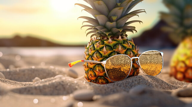 Beach accessories halved pineapple and a sunglass kept on the sand with copy space text 