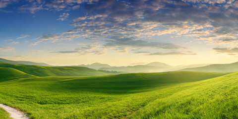 Naklejka premium natural panoramic summer landscape, beautiful green fields in the hilly area in the early morning with blue sky and clouds. AI generated.
