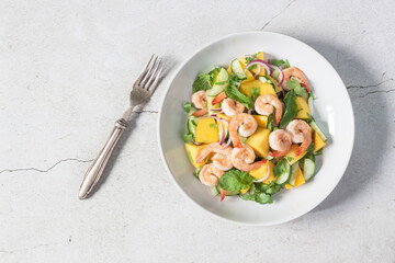 Healthy food shrimp salad has mango cucumber peppermint in bowl on slate background.