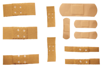 Pflaster set Isoliert Freigestellt oder auf weißem Hintergrund / Verschiedene Medizinische Pflaster / Verletzung / Arzt / Apotheke