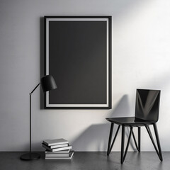 black chair with a black picture frame on the wall