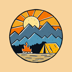 campfire outdoor theme. camping in mountain outdoor vintage vector design for t shirt, sticker, badge and other