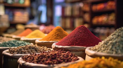 Colorful and aromatic spices at market or bazaar. Generative AI image.