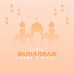 Happy Islamic new year, greeting card poster and social media post design decorated with lanterns and mosques