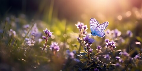 Obraz na płótnie Canvas Purple butterfly on wild white violet flowers in grass in rays of sunlight, macro. Spring summer fresh artistic image of beauty morning nature. Selective soft focus. Generative AI.