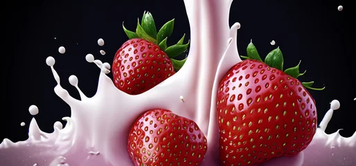 Poster Strawberry milk splashing with strawberry isolated on Black background. Strawberry falling into pink milk or yogurt creamy liquid drink splash. Milky splash with strawberries against black. Close up © gnepphoto