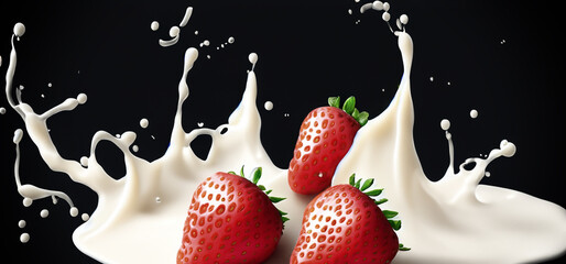 Strawberry milk splashing with strawberry isolated on Black background. Strawberry falling into pink milk or yogurt creamy liquid drink splash. Milky splash with strawberries against black. Close up
