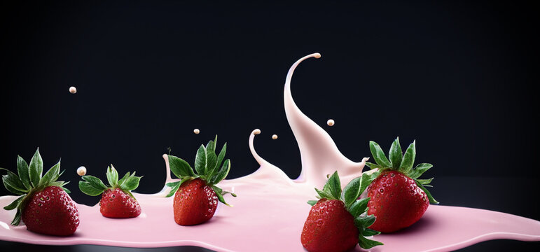 Strawberry milk splashing with strawberry isolated on Black background. Strawberry falling into pink milk or yogurt creamy liquid drink splash. Milky splash with strawberries against black. Close up