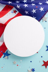 Obraz premium US Independence Day concept. Top view vertical photo of empty circle surrounded by blue, white and red glitter stars and american flag on celeste isolated background with copy-space