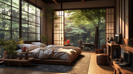 Obraz premium Japanese aesthetic bedroom minimalist with soft lighting