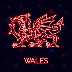 Neon symbol of Wales. Welsh national symbol of Red Dragon in neon light, bright night Illustration. Emblem of Wales modern glowing colorful banner design. Vector illustration
