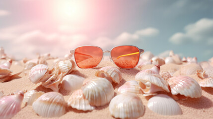 summer desert picturing close up view of sunglasses and seashell sunny day sky with clouds