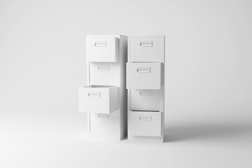 White filing cabinets on white background in monochrome and minimalism. Illustration of the concept of filing documents and searching records in the office